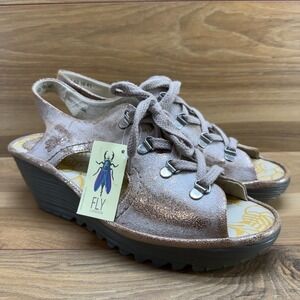 FLY LONDON Yifa Luna Gold Wedge Sandals 10 10.5 EU 41 Lace Up Comfort Shoes